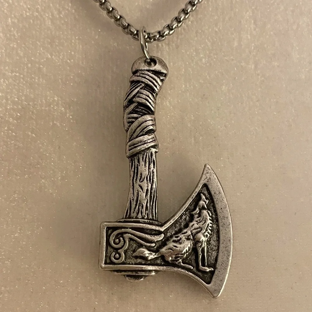 Nordic Viking Axe Necklace with Wolf & Bird